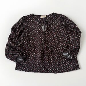 Universal Thread Baby Doll Top Keyhole Women Size S Black Red Floral 3/4 Sleeve